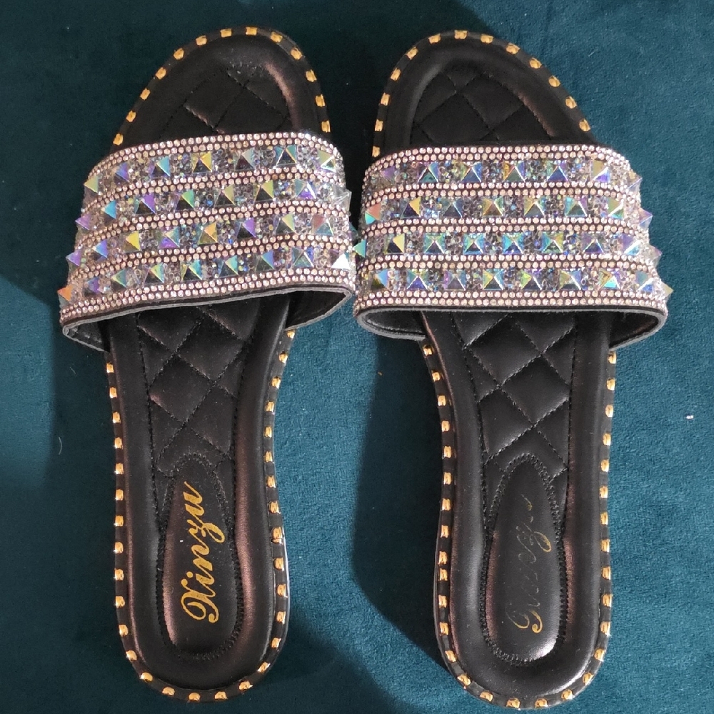 Black and Silver Embellished Women's Sandals